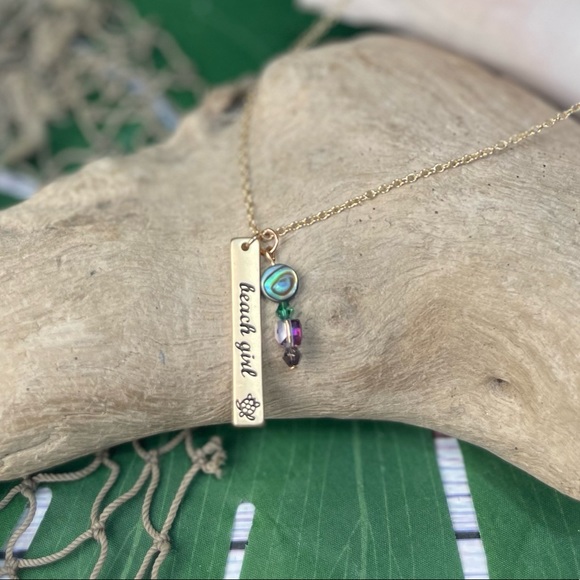 Gold or Silver Stamped BEACH GIRL Pendant w Abalone Shell Crystal Beads Necklace - Picture 8 of 16